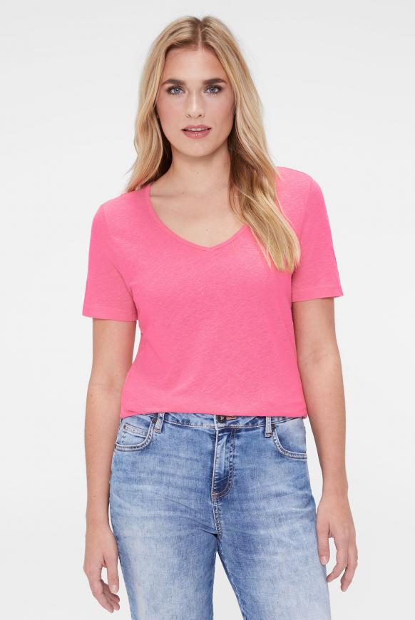 T-Shirt mit V-Ausschnitt aus Leinen-Mix soft pink