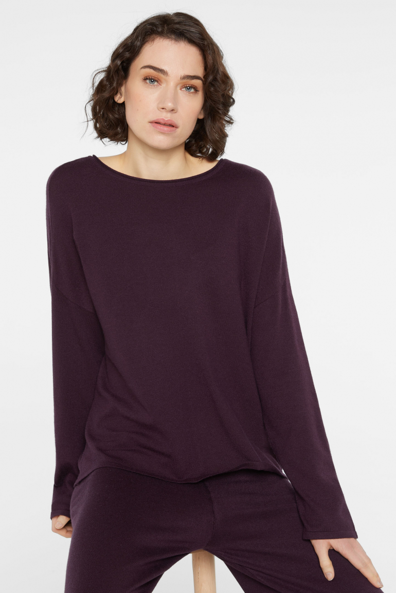 Feinstrick-Pullover mit großzügiger Ärmelweite deep plum