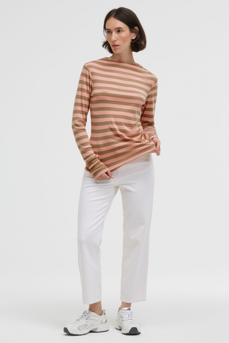 Gestreiftes Longsleeve TI:VOLI mit schmalem Mock-Kragen peach nectar