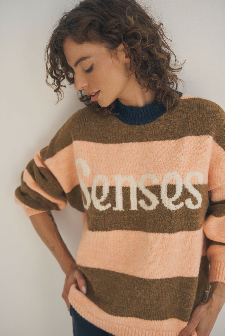 Pullover KA:MILE mit Streifenmuster und Intarsia-Design peach nectar