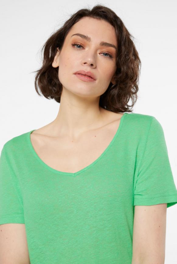T-Shirt mit V-Ausschnitt aus Leinen-Mix simply green