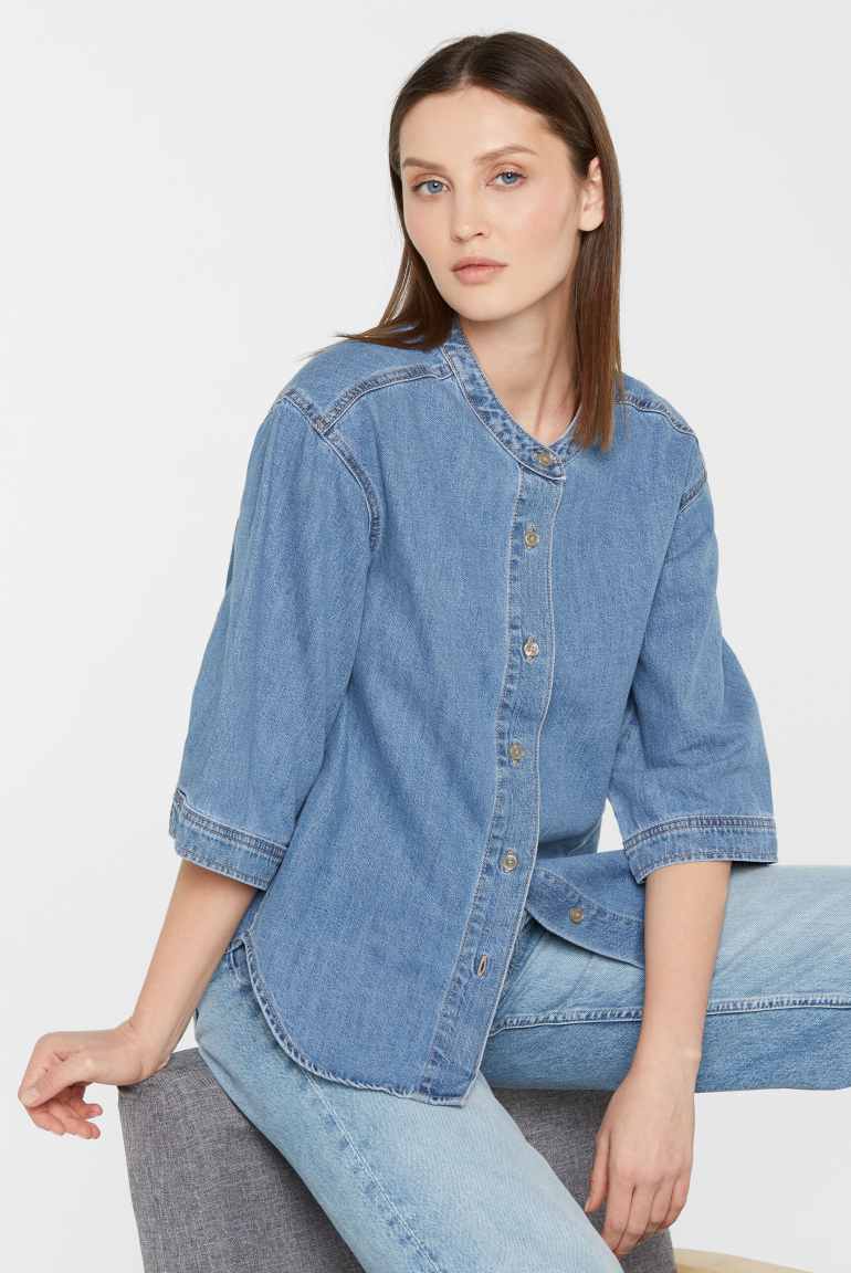 Denim-Bluse BOS:TON mit voluminösem Kurzarm
